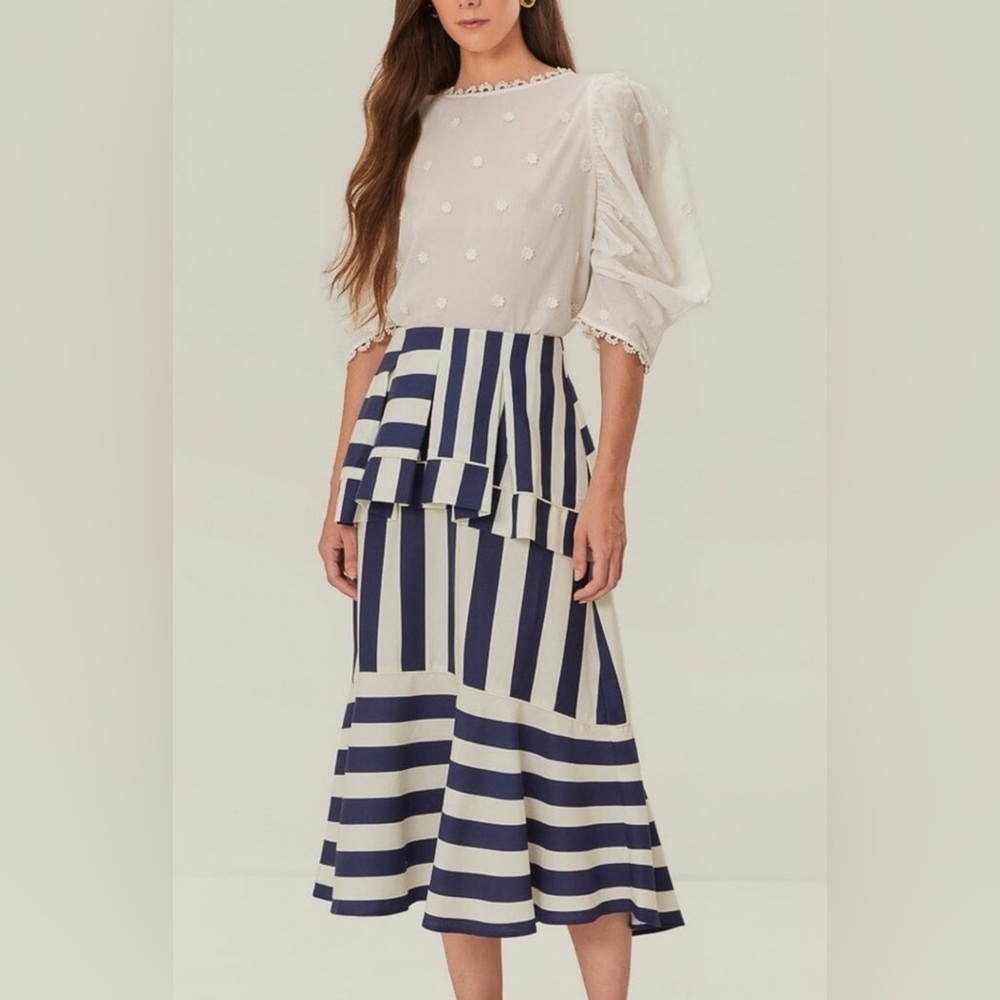 Farm Rio Mixed Striped Blue Midi Skirt